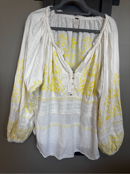 Free People Tops - Free People XL White Yellow Embroidered Peasant Blouse 100% Cotton Boho